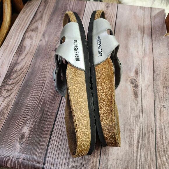 Birkenstock Silver Slide Sandals with‎ Cork Footbed Sz L9 M7 - Picture 6 of 13